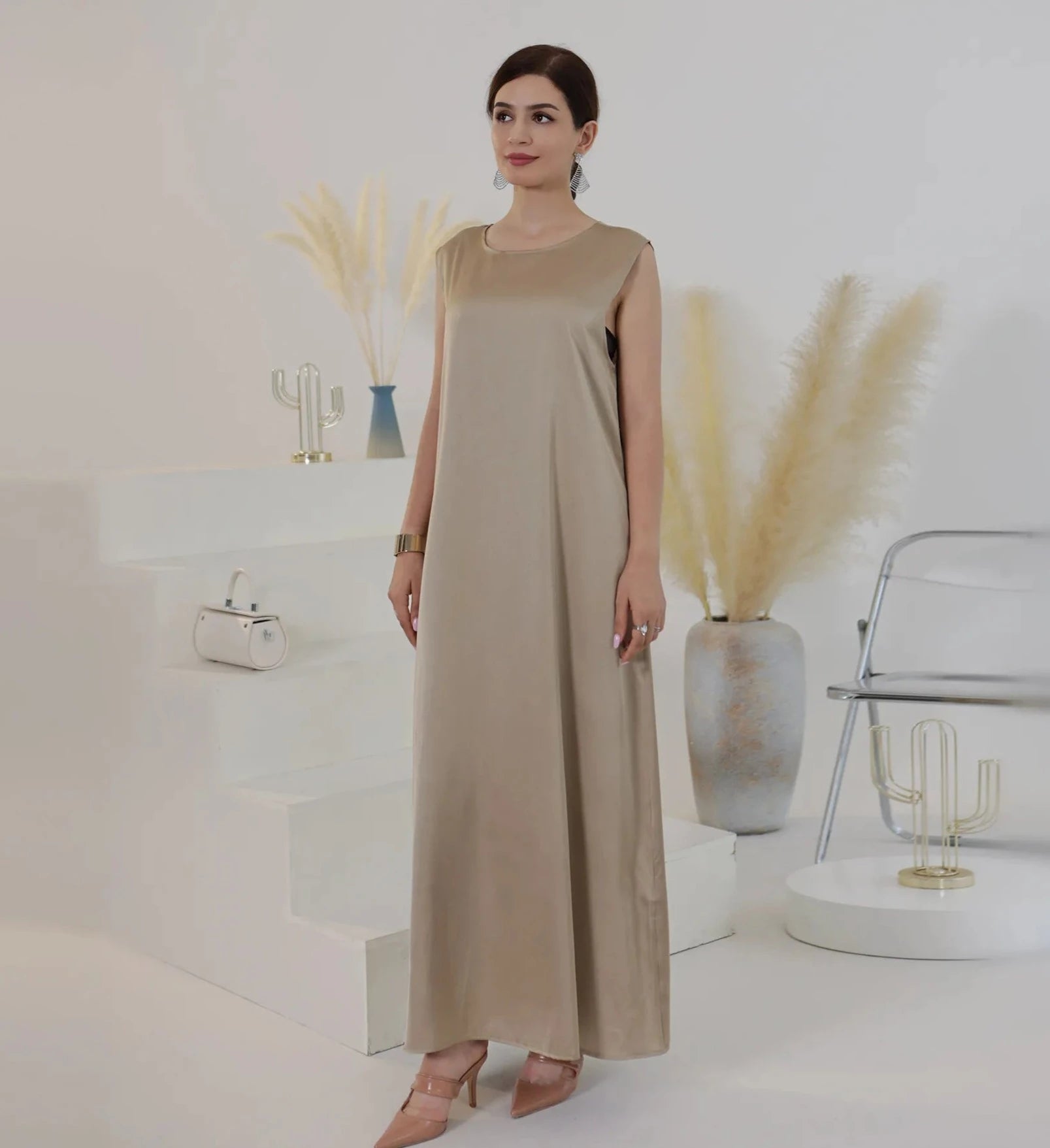 satin slip dress for abaya Short-Sleeved Satin Abaya Slip Dress