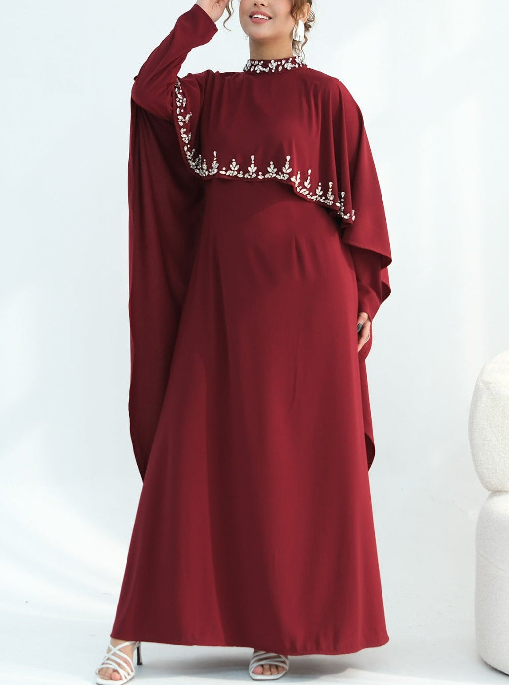 beaded cape dress BEADED NECKLINE ASYMMETRICAL CAPE GOWN | CULT MIA