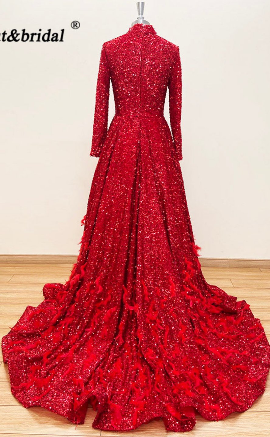 Leanah Luxury Feather Sequin Gown-Ruby Red