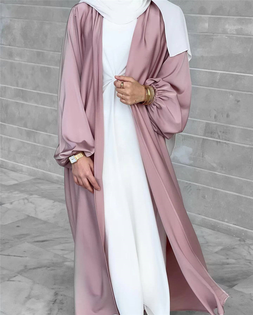 Elham-Balloon Sleeve Satin Abaya