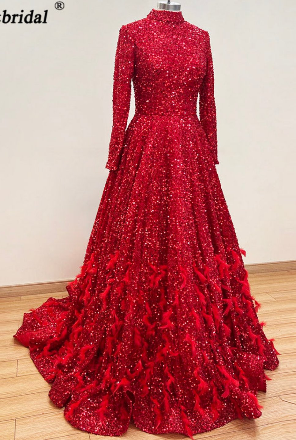 Leanah Luxury Feather Sequin Gown-Ruby Red