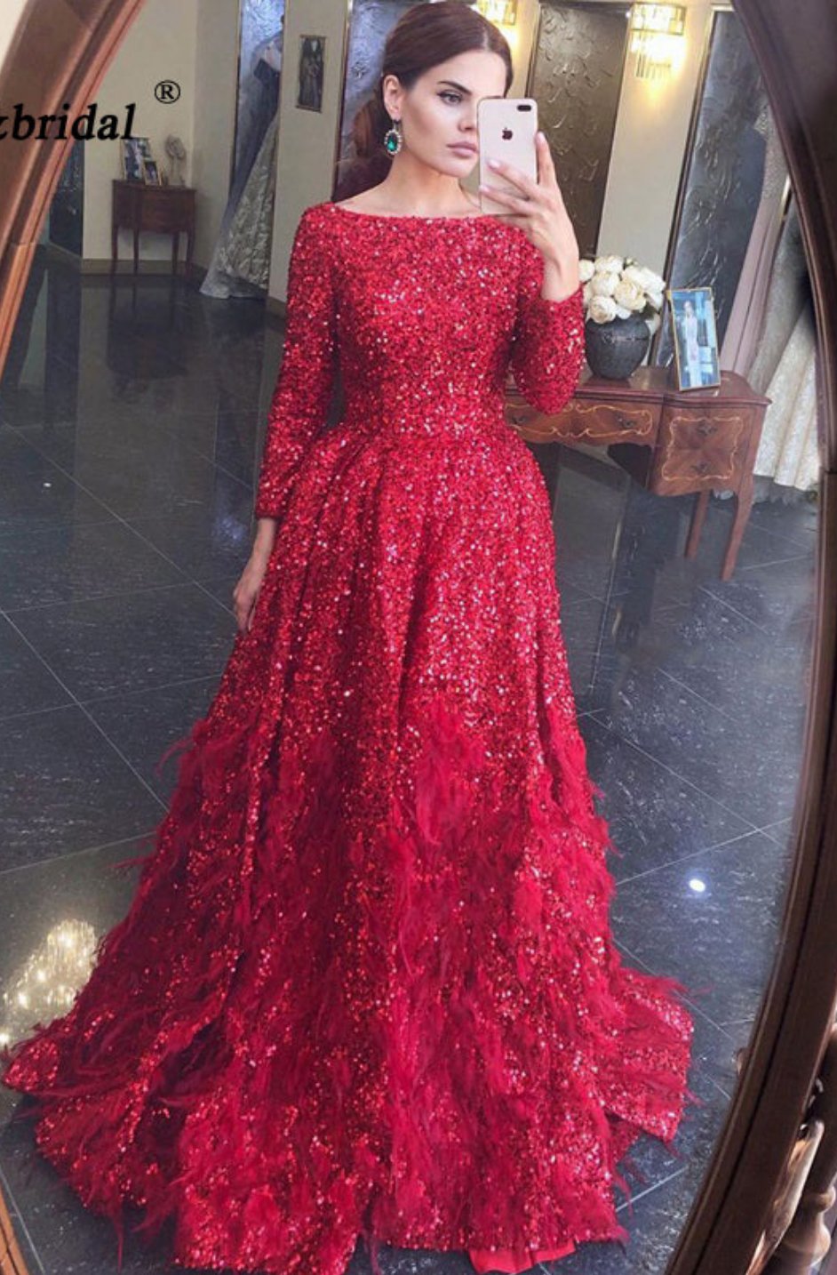 Leanah Luxury Feather Sequin Gown-Ruby Red