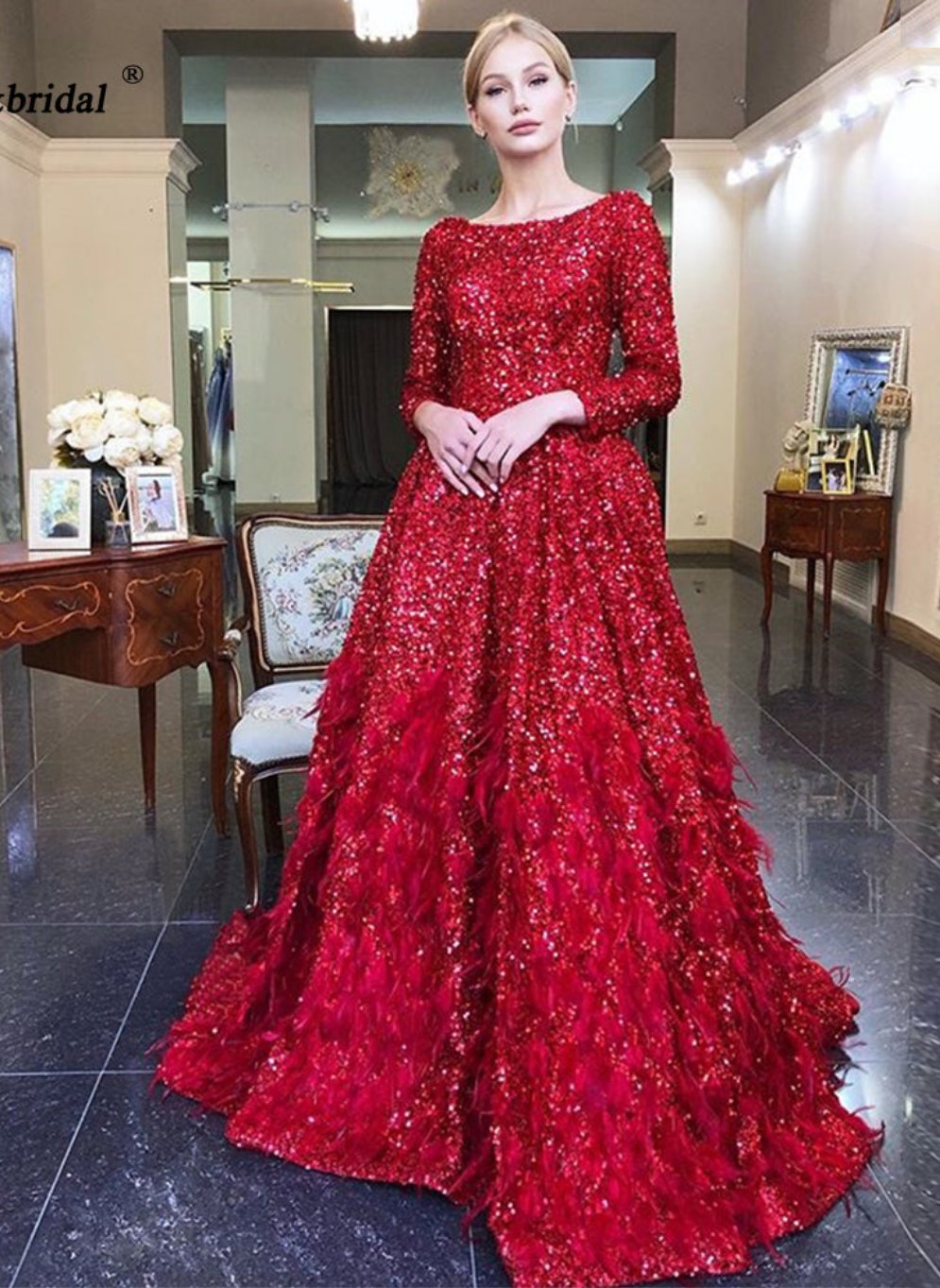 Leanah Luxury Feather Sequin Gown-Ruby Red