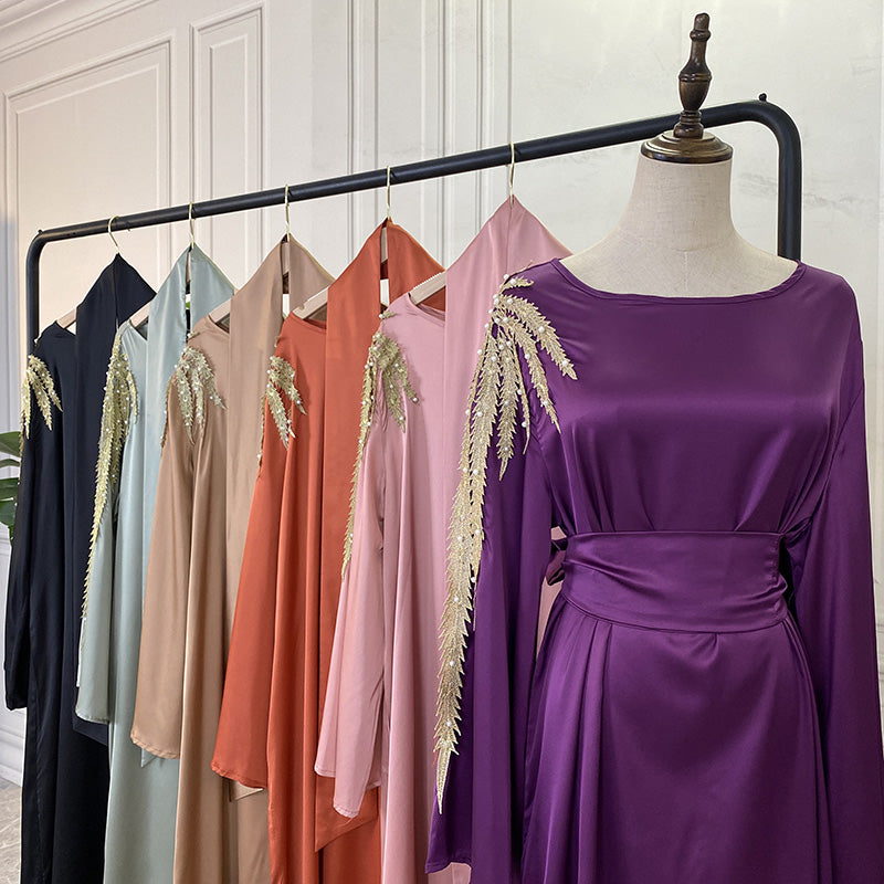 Zaibah Satin Dress-Gold Embroidery