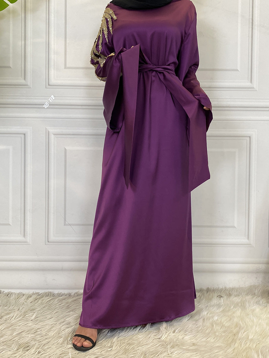 Zaibah Satin Dress-Gold Embroidery