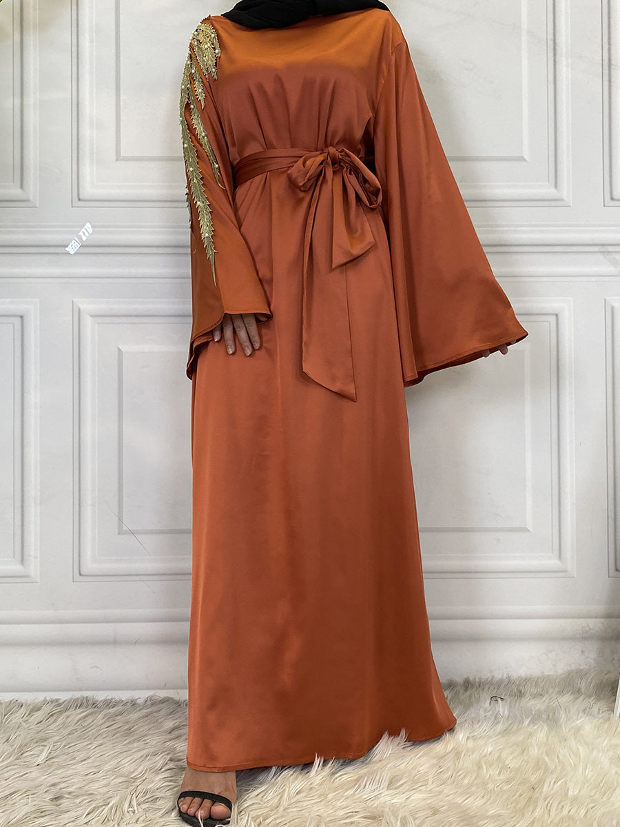 Zaibah Satin Dress-Gold Embroidery