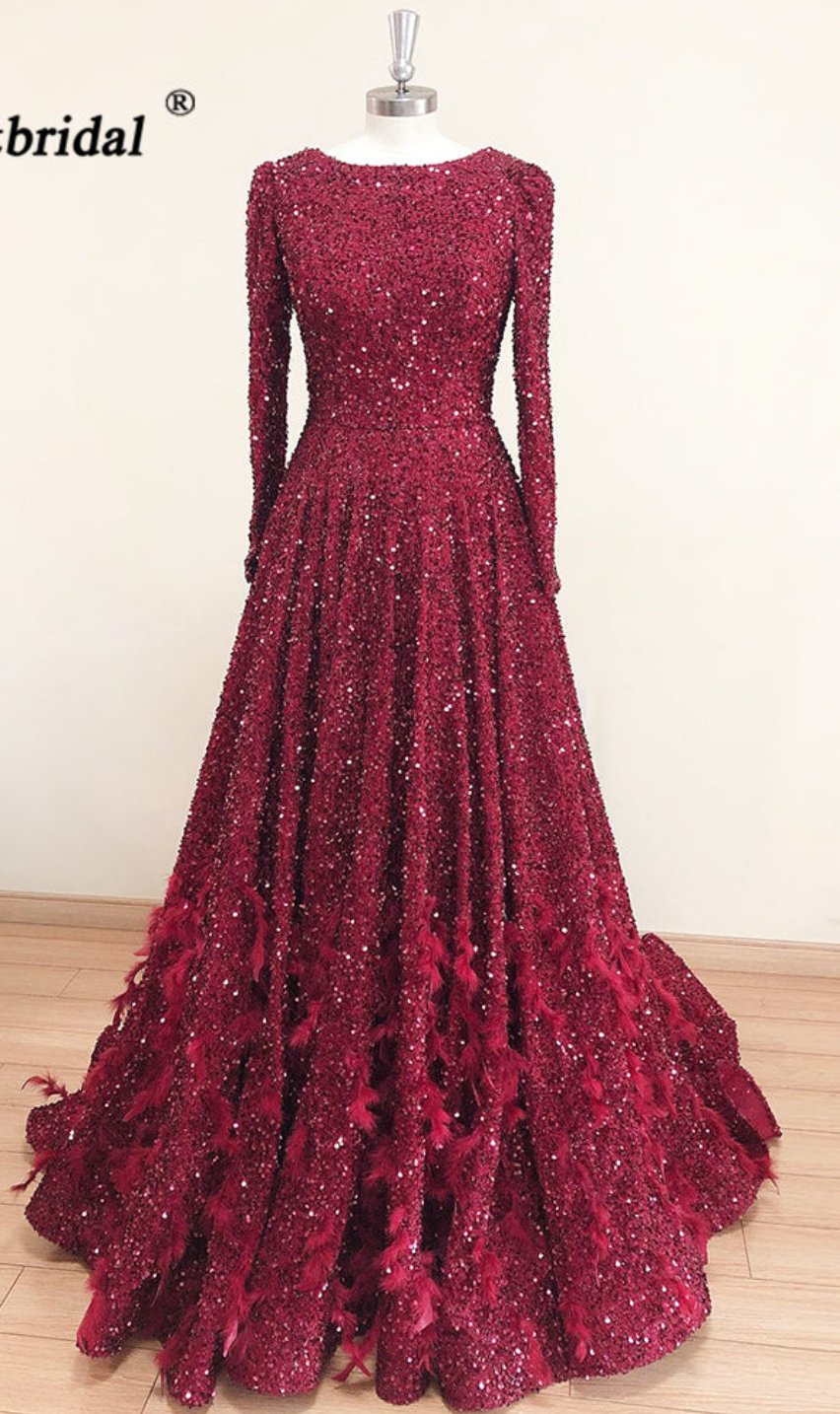 Leanah Luxury Feather Sequin Gown-Maroon