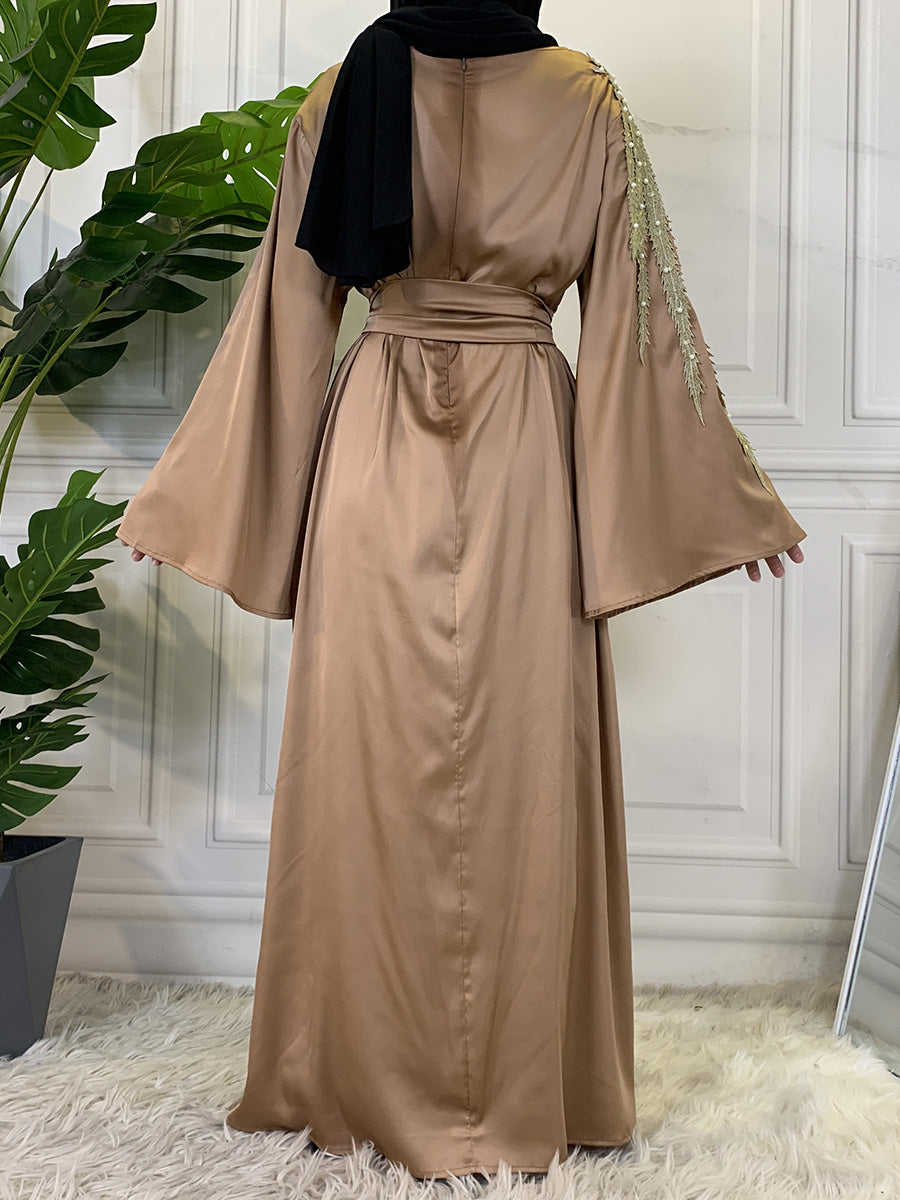Zaibah Satin Dress-Gold Embroidery