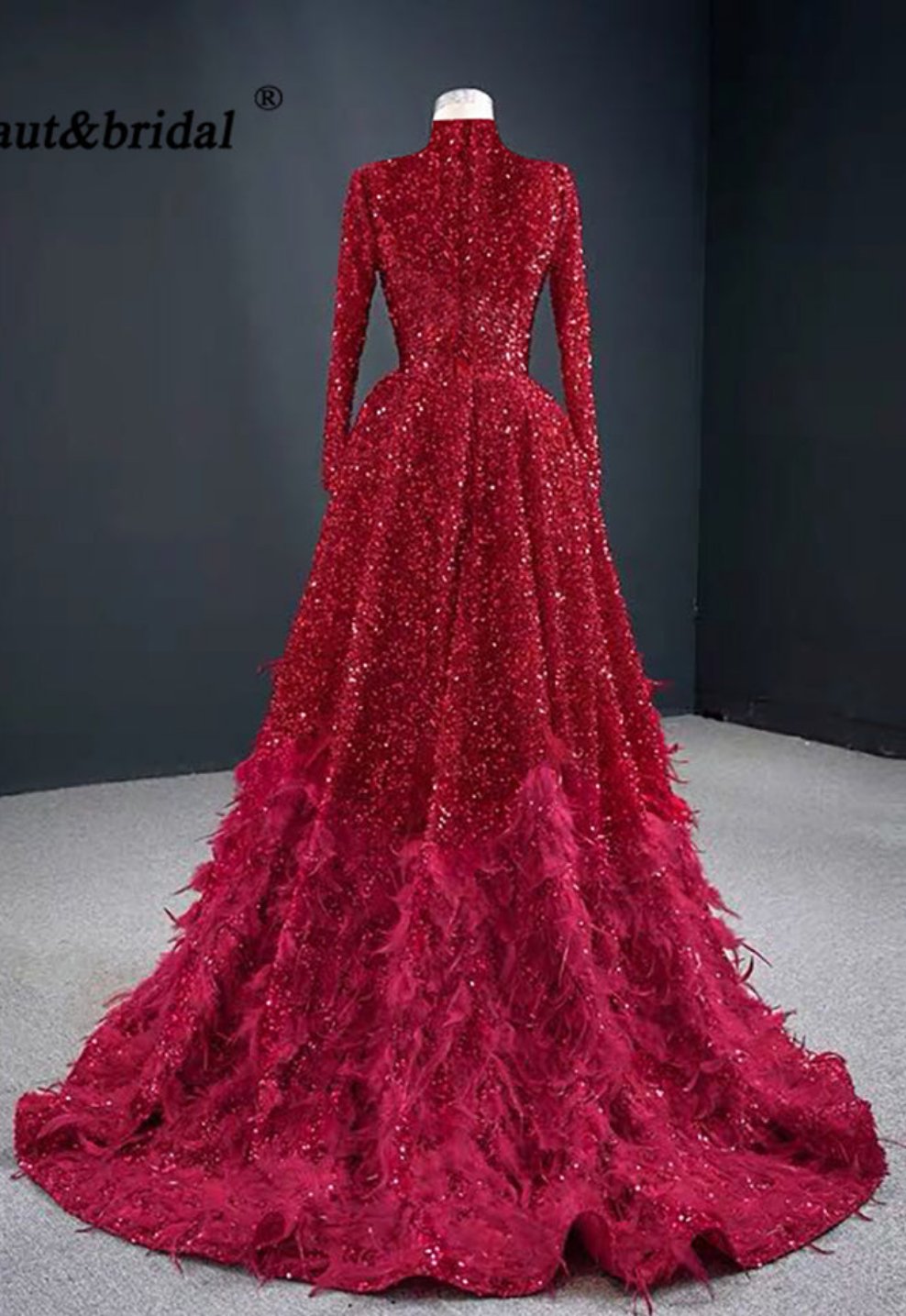 Leanah Luxury Feather Sequin Gown-Ruby Red