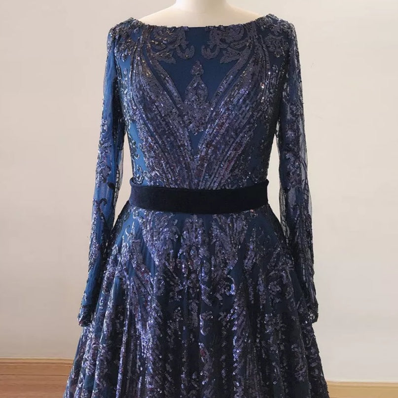 Liza Sequin Evening Gown-Navy Blue