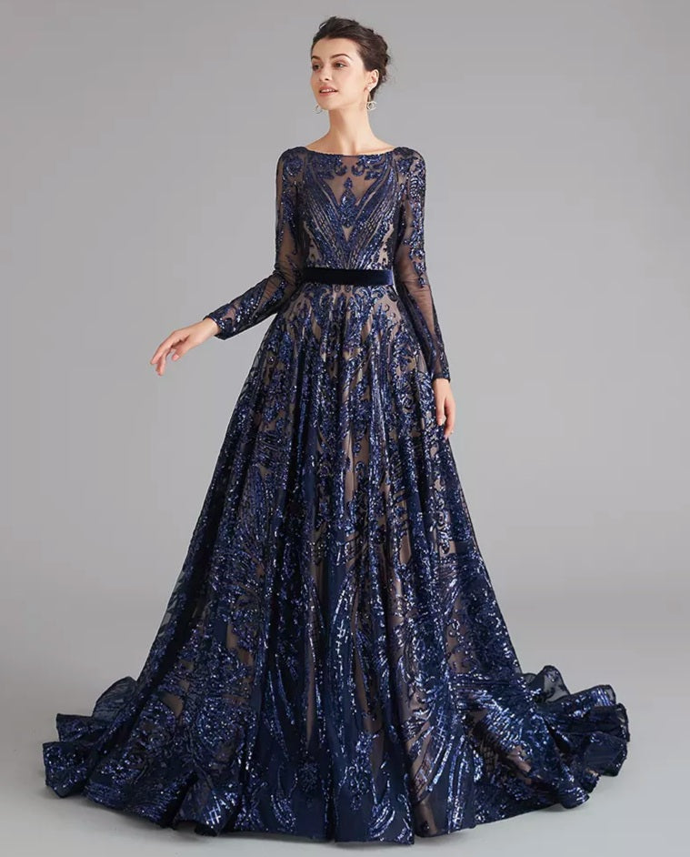 Liza Sequin Evening Gown-Navy Blue