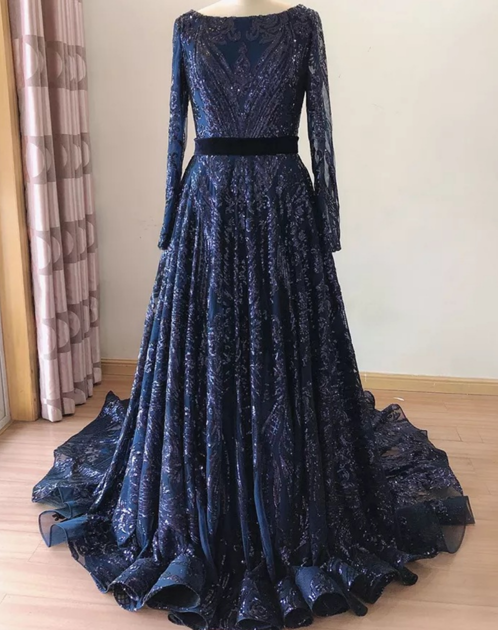 Liza Sequin Evening Gown-Navy Blue