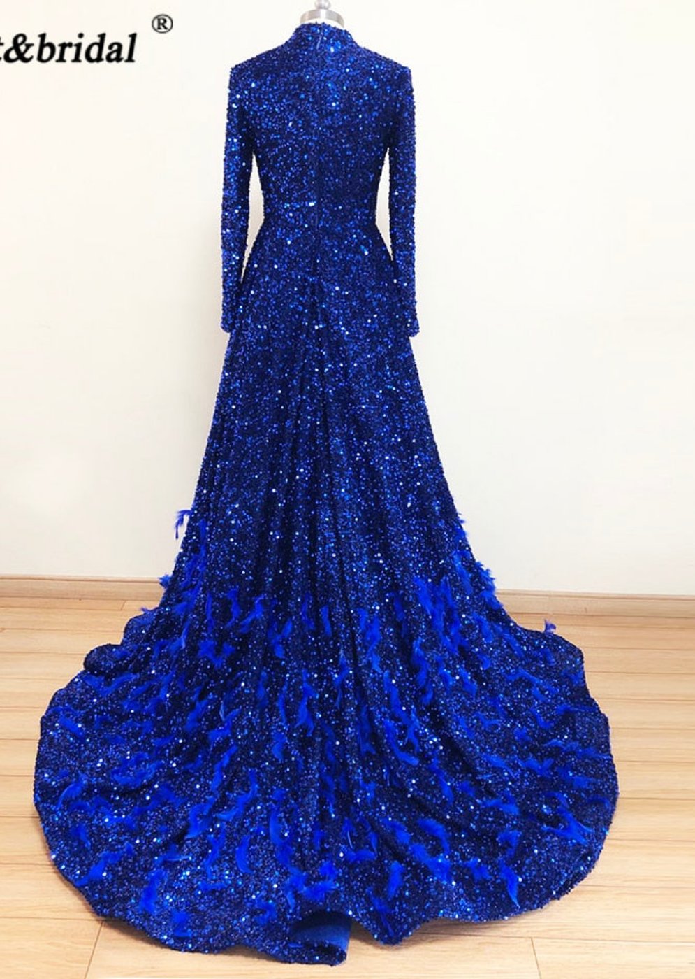 Leanah Luxury Feather Sequin Gown-Royal Blue