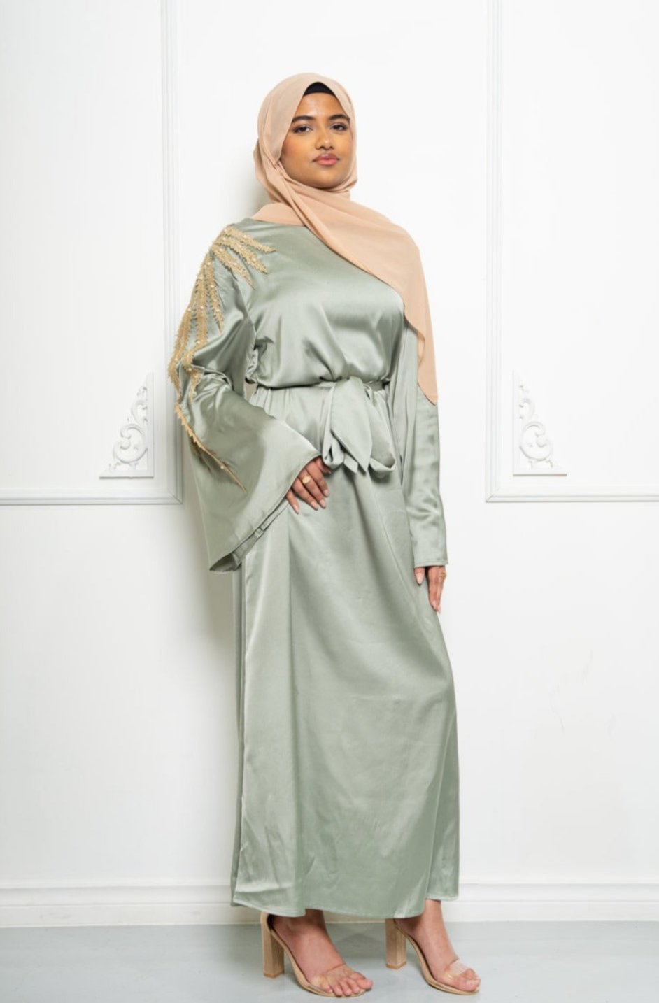 Zaibah Satin Dress-Gold Embroidery