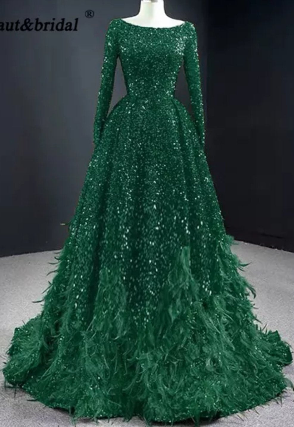 Leanah Luxury Feather Sequin Gown-Emerald Green