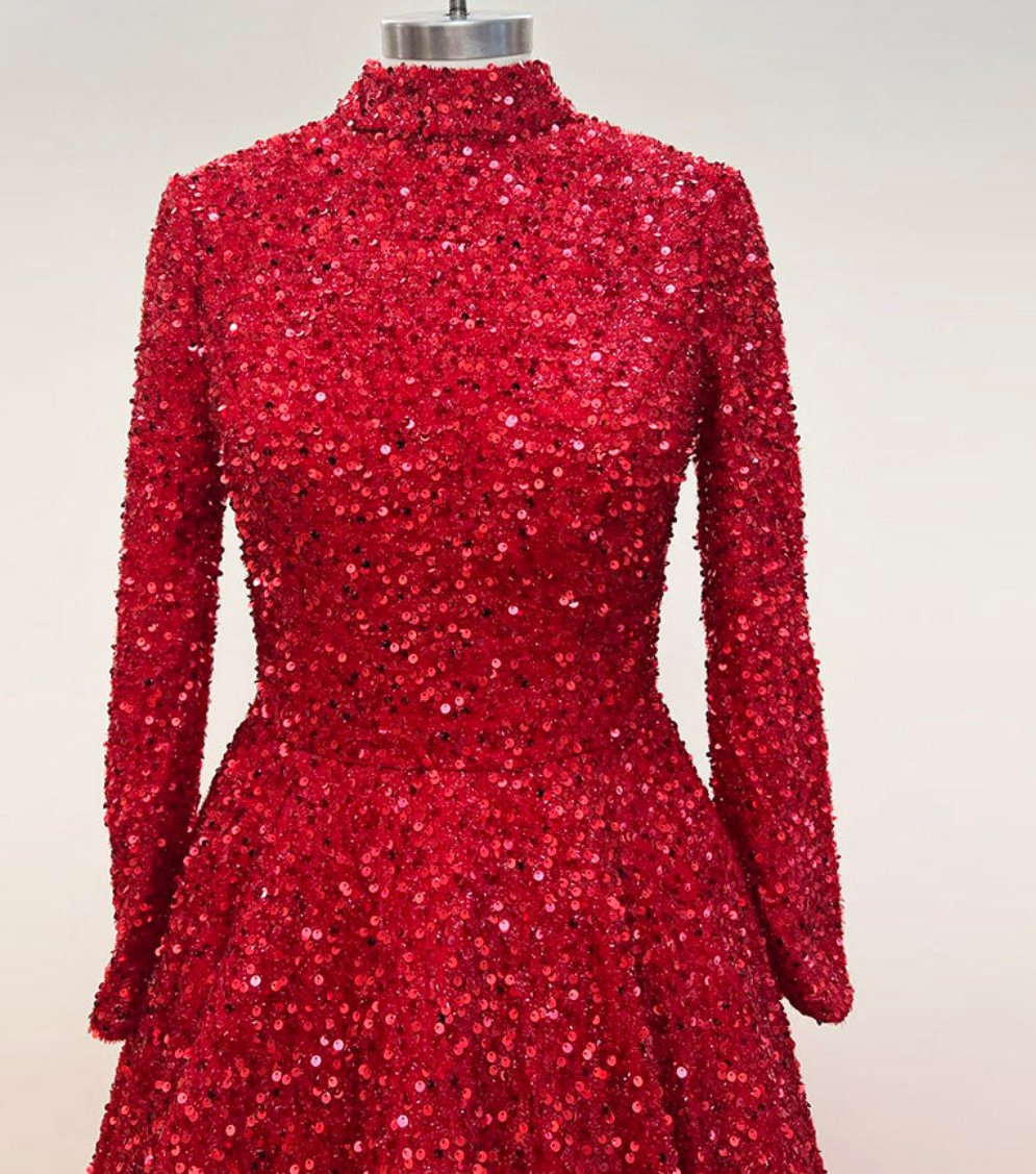 Leanah Luxury Feather Sequin Gown-Ruby Red