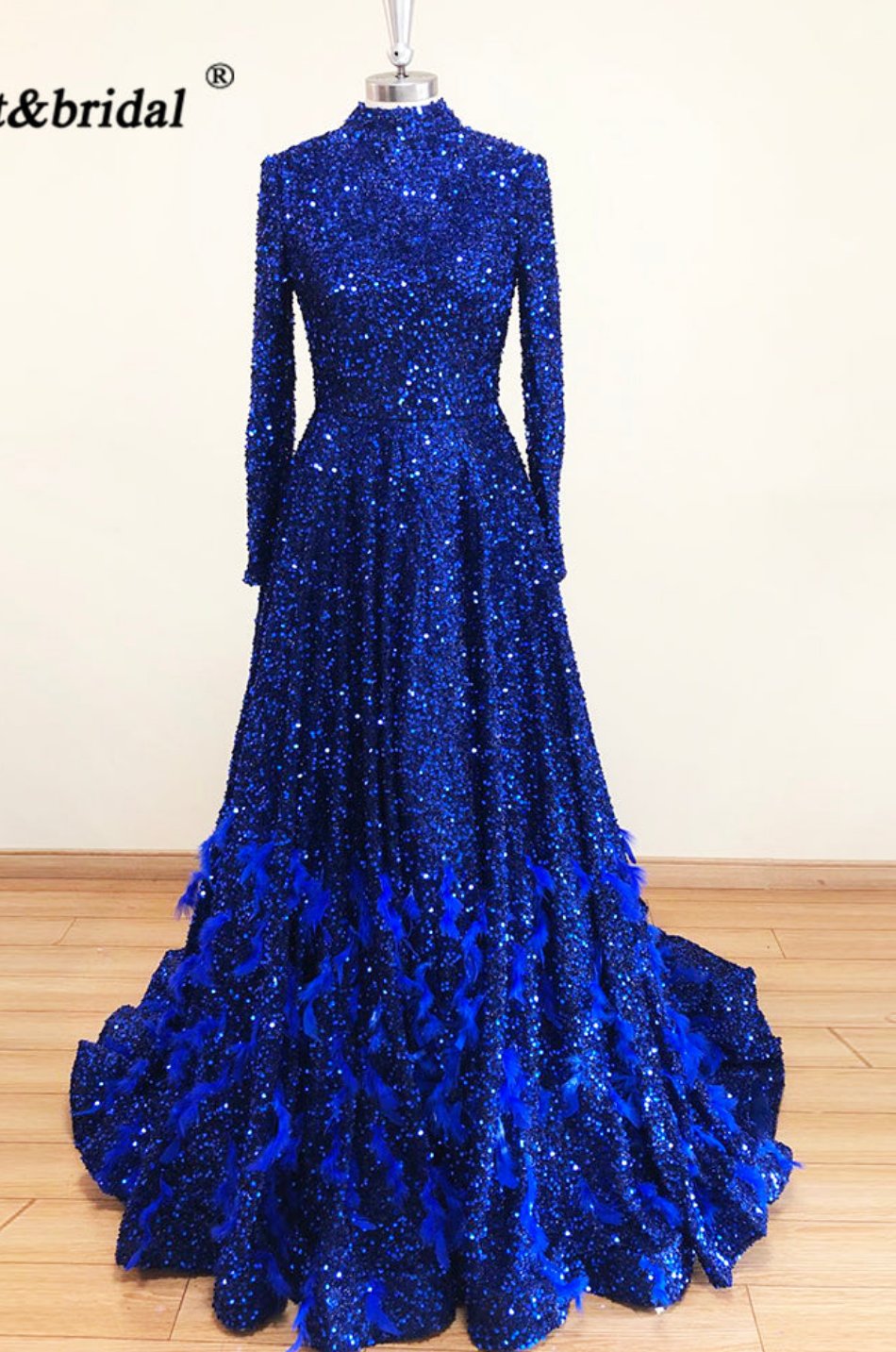Leanah Luxury Feather Sequin Gown-Royal Blue