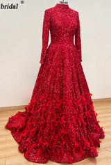 Leanah Luxury Feather Sequin Gown-Ruby Red