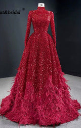 Leanah Luxury Feather Sequin Gown-Ruby Red
