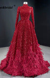 Leanah Luxury Feather Sequin Gown-Ruby Red