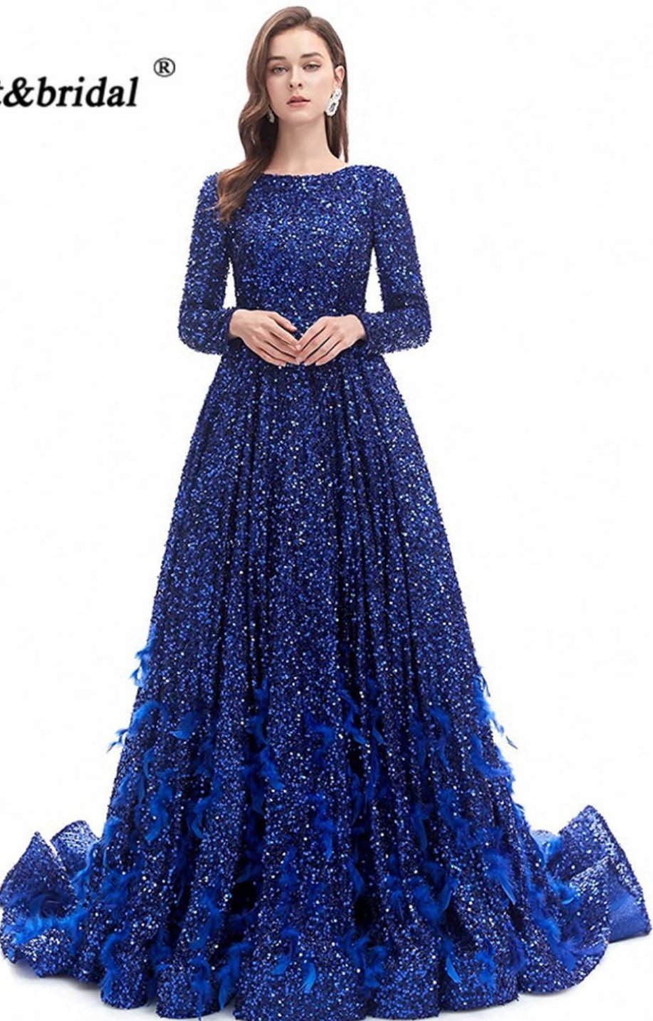 Leanah Luxury Feather Sequin Gown-Royal Blue
