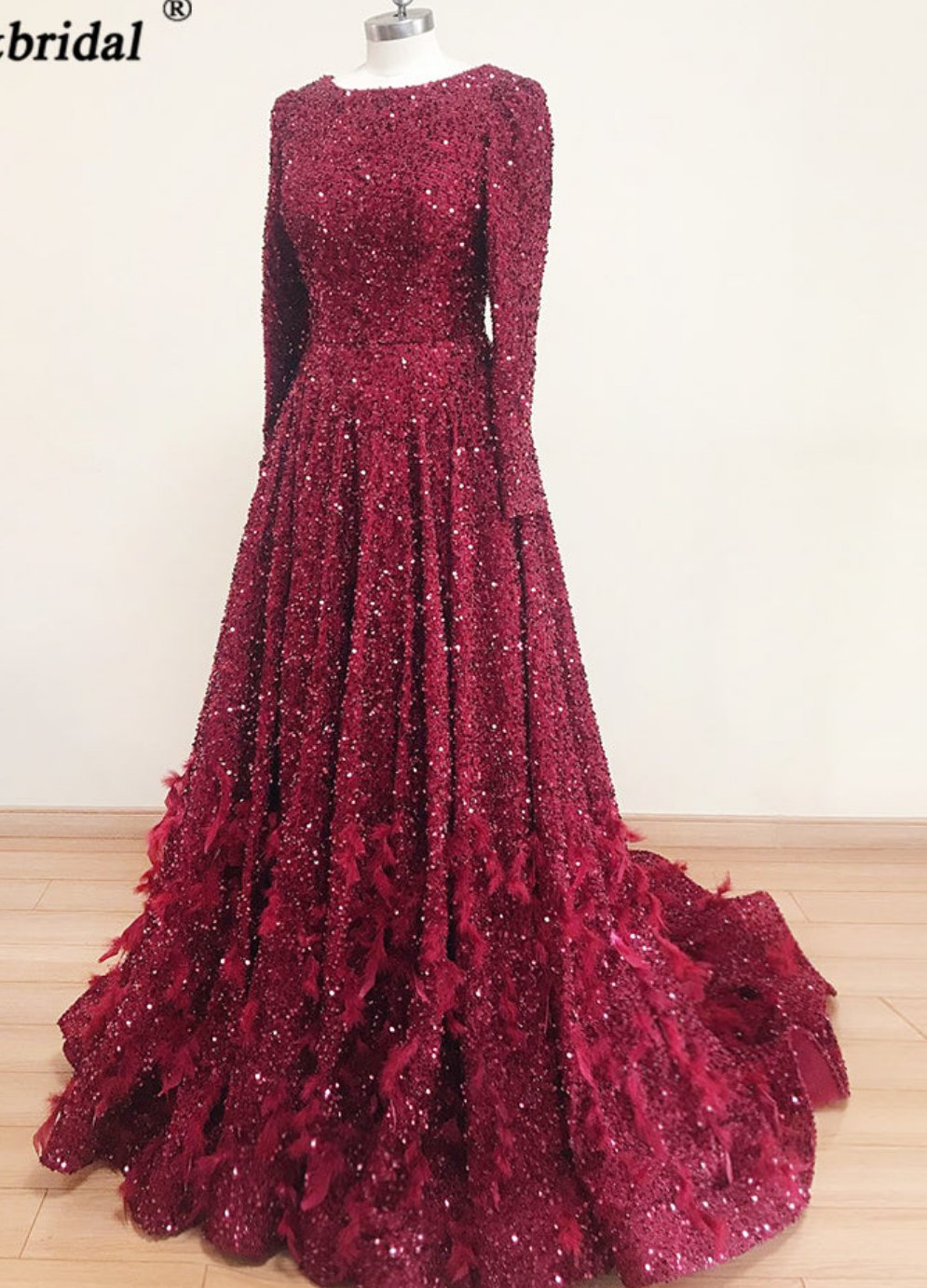 Leanah Luxury Feather Sequin Gown-Maroon