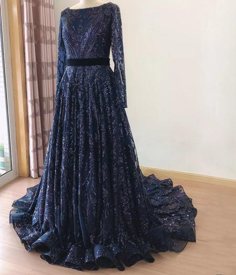 Liza Sequin Evening Gown-Navy Blue