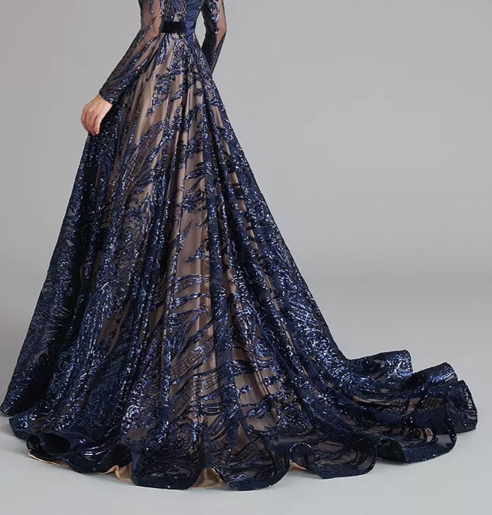 Liza Sequin Evening Gown-Navy Blue