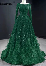 Leanah Luxury Feather Sequin Gown-Emerald Green